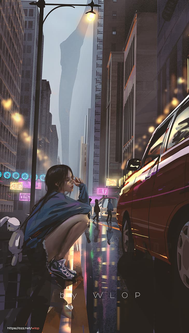 vertical, anime, anime girls, WLOP, car, city, street HD wallpaper