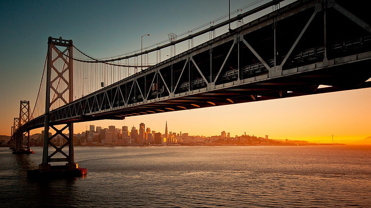 bridge, Oakland Bay Bridge, river, sunset, city, architecture, HD wallpaper