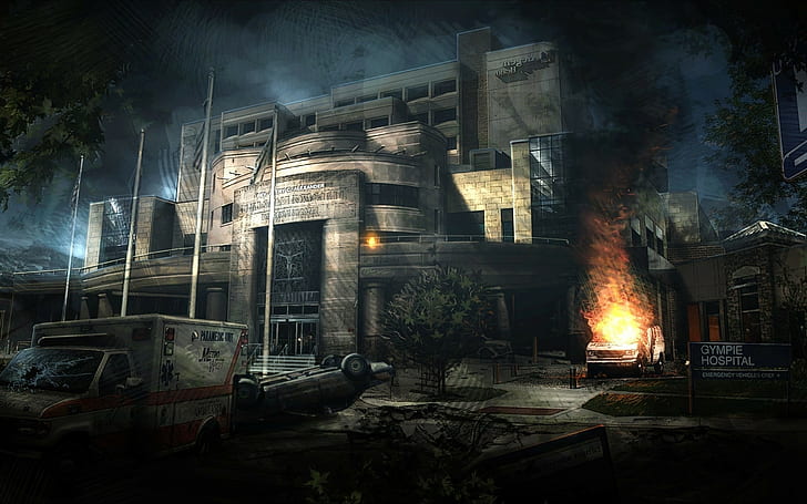 Fire, Hospital, Ambulances, Concept Art, Apocalyptic, Abandoned, Abandoned City, 3-d photo of building, HD wallpaper