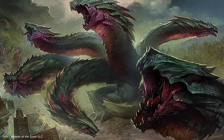 six-headed green and pink dragon illustration, Magic: The Gathering