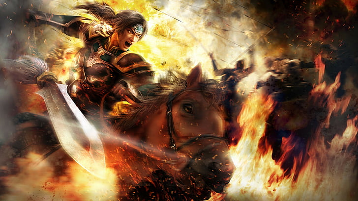 man riding a brown horse holding a sword 3D wallpaper, Dynasty Warriors 8
