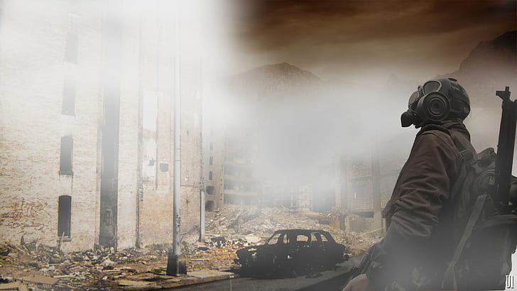 apocalyptic, gas masks, ruins, HD wallpaper