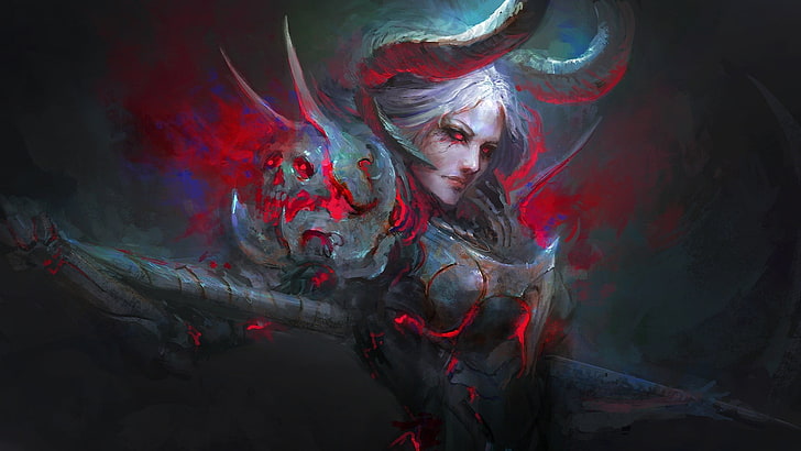 female character with horn wallpaper, armor, blood, fan art, horns