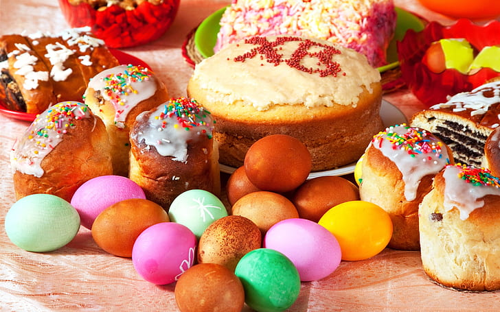 Easter holidays, eggs, cakes, HD wallpaper