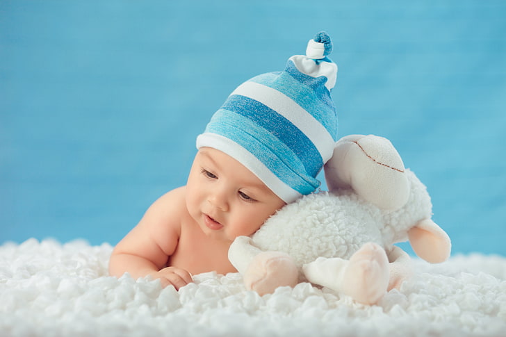 baby's blue and white striped beanie, child, face, sweet, kid