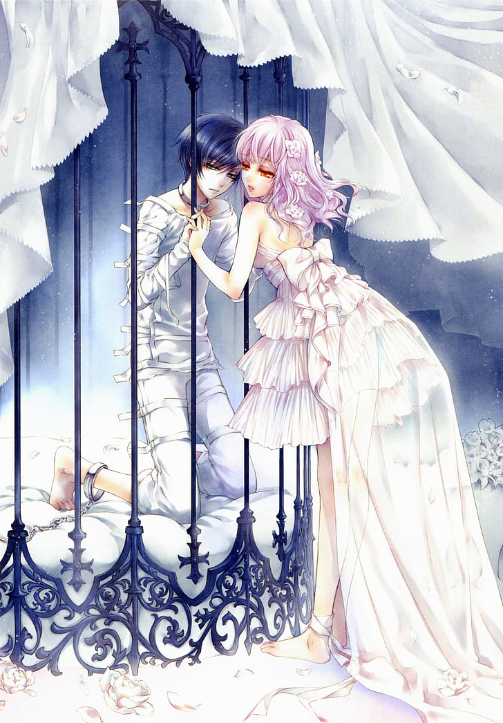 anime, cage, couple, dress, flower, love, prisoner, rose, white, HD wallpaper