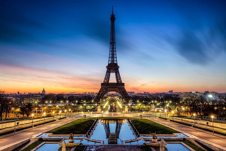 Eiffel Tower, Paris, road, sunset, the city, lights, France, the evening