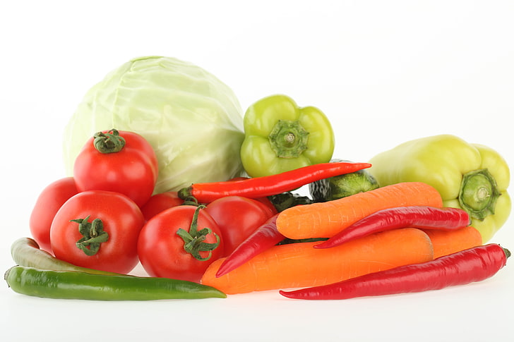 tomato, bell pepper, carrots and chili, etables, bunch, tomatoes, HD wallpaper