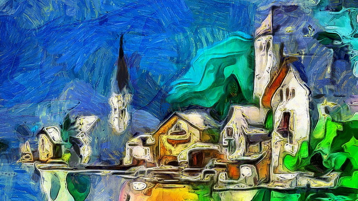 art, painting, painting art, church, river, town, modern art