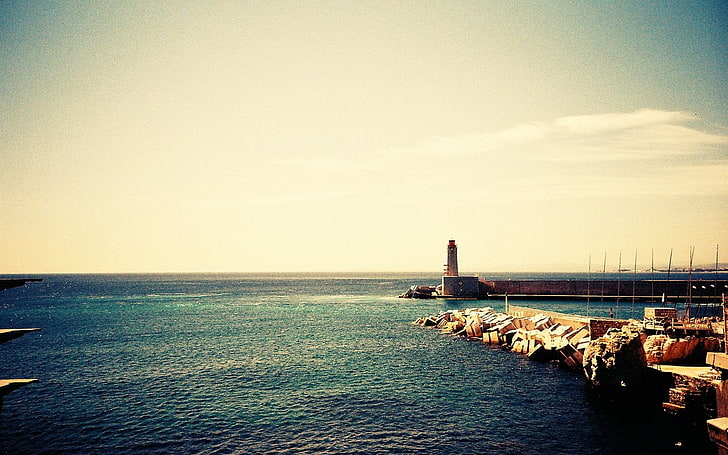 fray concrete dock, nature, sea, harbor, lighthouse, horizon, HD wallpaper
