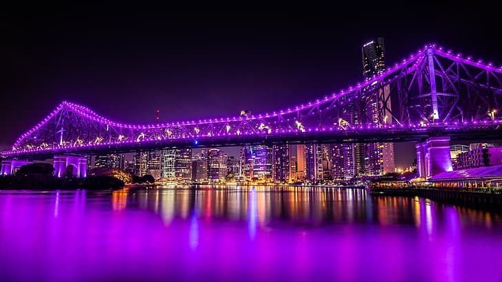 bridge, river, building, home, Australia, night city, skyscrapers