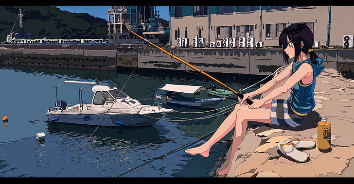 焦茶, anime girls, fishing, boat, dock, water, nautical vessel