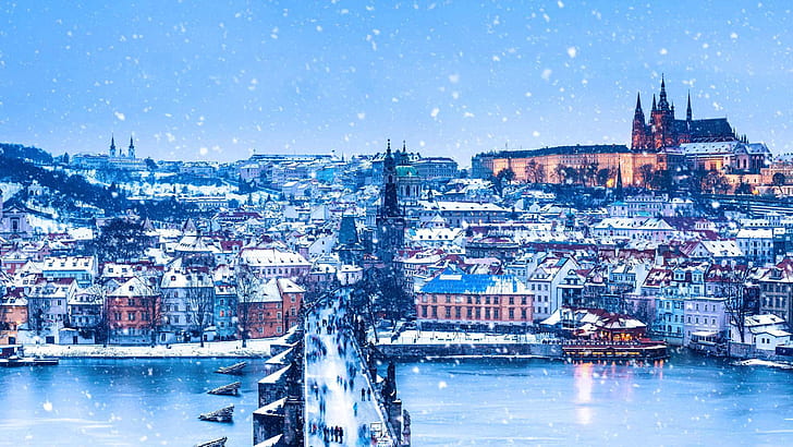 winter, river, Prague, Czech Republic, Christmas, panorama