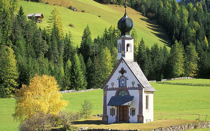 St. John Church Val di Funes Italy, white and gray house