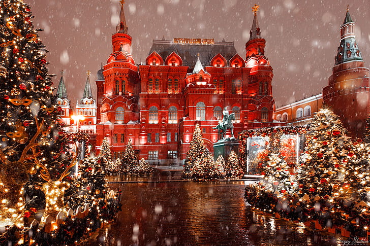 Moscow, Christmas tree, the Kremlin wall, Sergey Shatskov, HD wallpaper