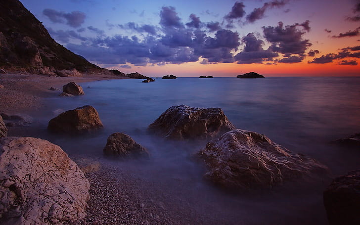 Sea, evening, waves, beach, stones, clouds, horizon, sunset