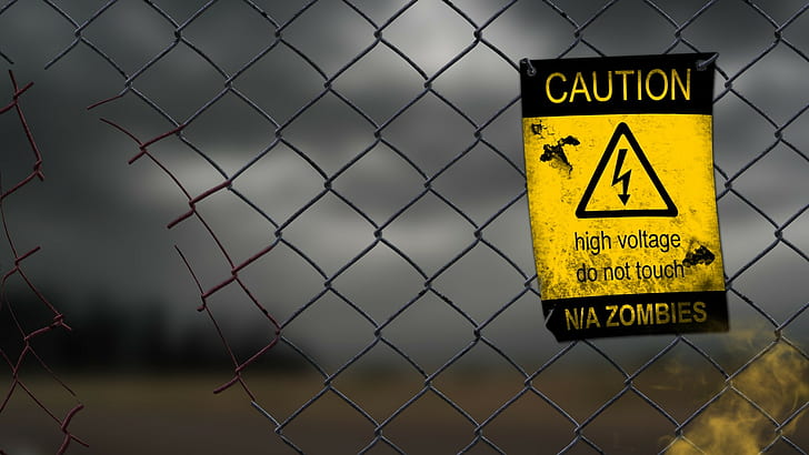 fence, warning signs, high voltage, humor, zombies, digital art, HD wallpaper