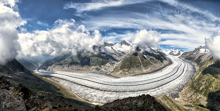 panorama photography of mountain valley, Aletsch Glacier, Alps