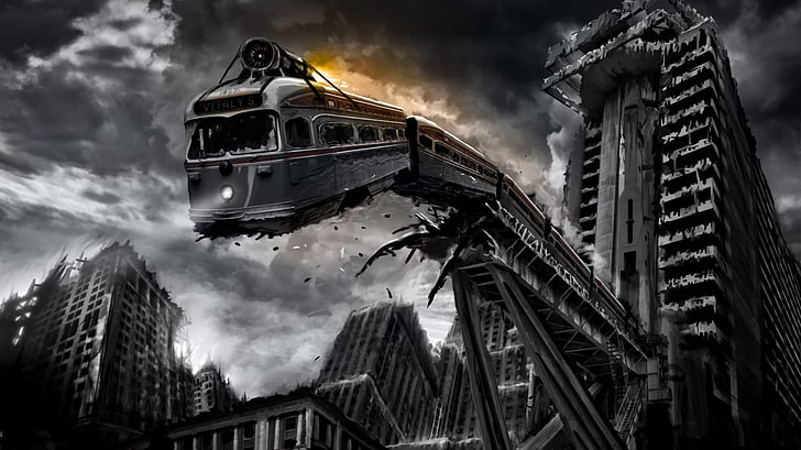 train, apocalyptic, vehicle, city, architecture, building exterior