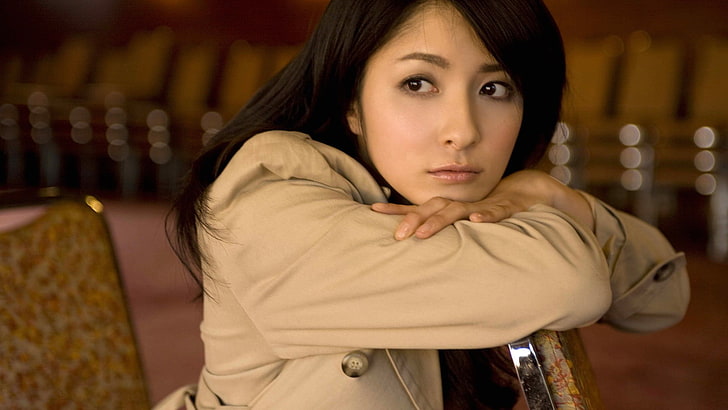 women's nude-colored jacket, brunette, Rina Matsuki, Asian, looking into the distance, HD wallpaper