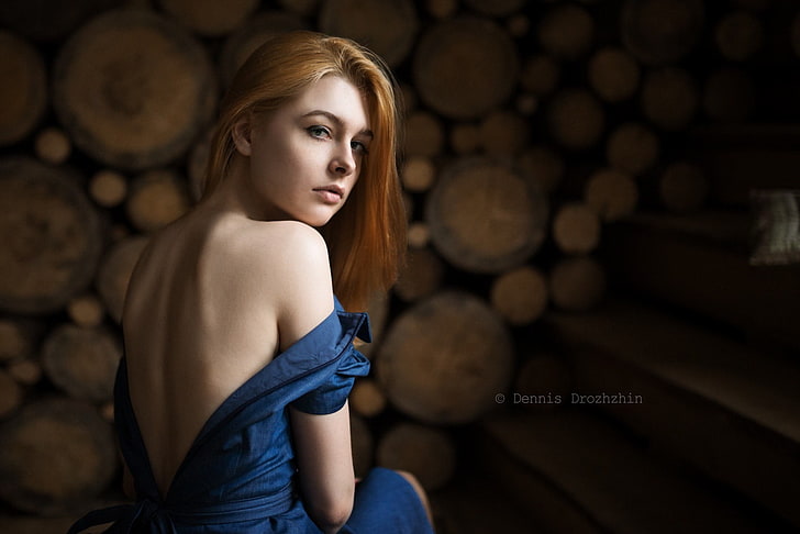 women, redhead, face, portrait, dress, bare shoulders, looking at viewer