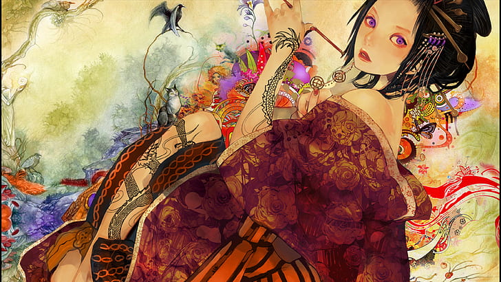 anime geisha digital art kimono wallpaper preview
