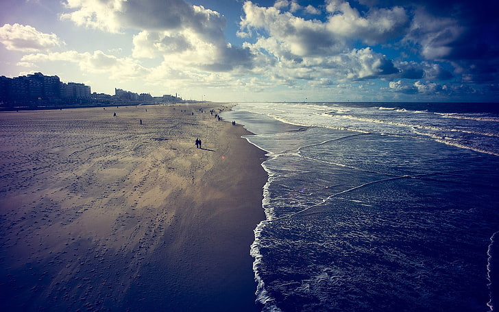 brown sea sand, beach, sky, clouds, landscape, cloud - sky, water, HD wallpaper