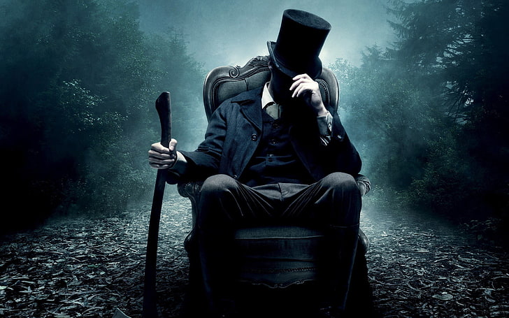 Abraham Lincoln vampire hunter poster, chair, axe, cylinder, horror