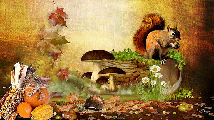 Falls Bounty, brown squirrel, brown mushrooms and orange pumpkins painting