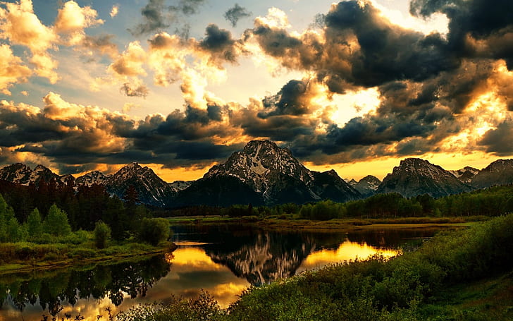 mountain reflection beautiful beauty Clouds colors golden sunset grass Green lake Landscape lovely M HD, green and brown mountain range, HD wallpaper