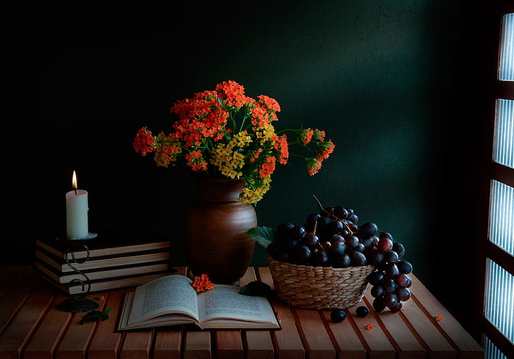 books, candle, bouquet, grapes, still life, A guiding light, HD wallpaper