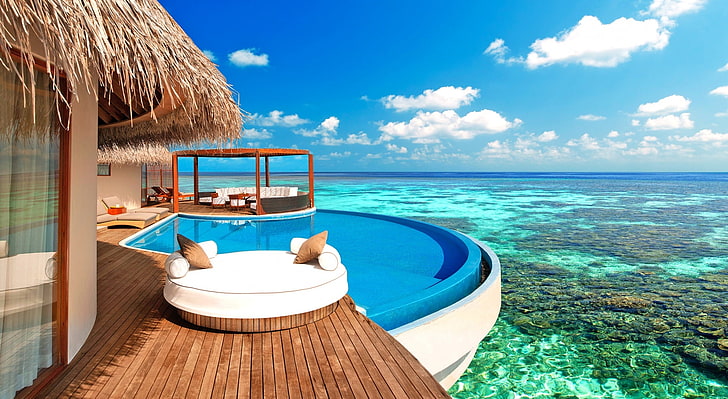 Luxury Water Bungalows Maldives, brown nipa hut, Travel, Islands