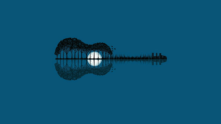 guitar, moon, trees, fantasy art, landscape, reflection, blue