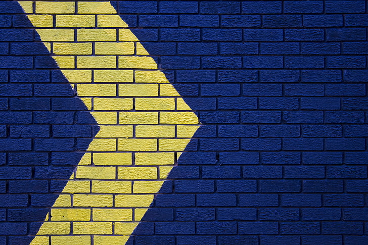 yellow and blue brick wall, arrow, pointer, direction, pattern, HD wallpaper