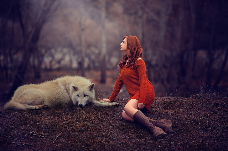 HD wallpaper: women, animals, wolf, redhead, women outdoors, Photoshop,  forest | Wallpaper Flare