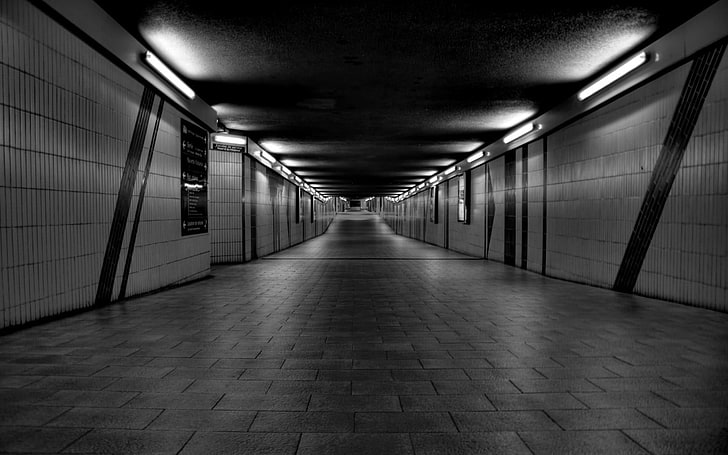 black and white folding chair, tunnel, underground, lights, architecture, HD wallpaper