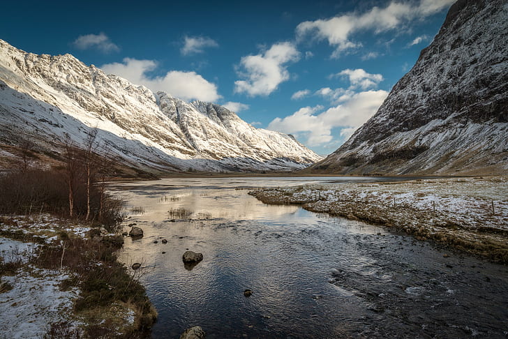 landscape photo of river between snow covered mountains, glencoe, glencoe, HD wallpaper