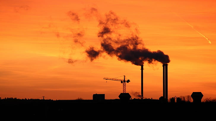 smoke, cranes (machine), silhouette, factory tubes, sunrise