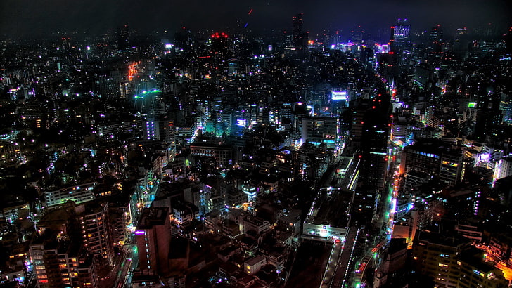 high-rise buildings, cityscape, Tokyo, night, architecture, Japan