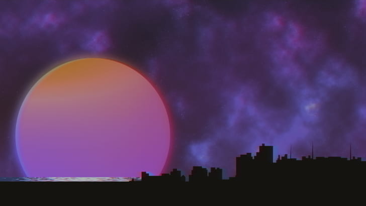 vaporwave, Retrowave, purple background, sunset, cityscape