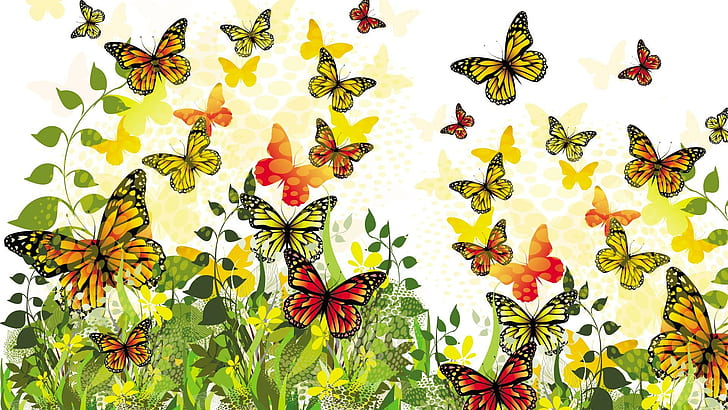 Dance Of The Butterflies, grass, garden, summer, papillon, bright, HD wallpaper