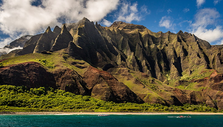 mountain peakr, nature, water, mountains, cliff, coast, Hawaii, HD wallpaper