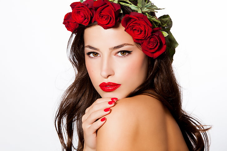 red rose crown, look, girl, flowers, background, model, makeup, HD wallpaper