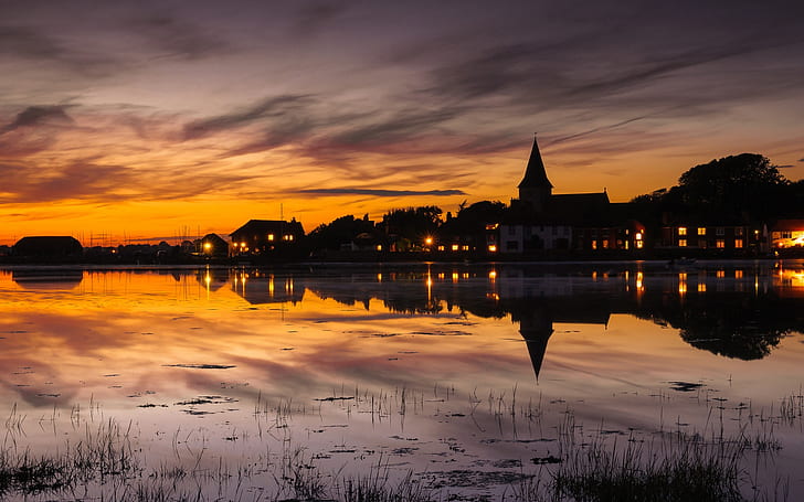 England, town scenery, house, lights, sunset, lake water reflection
