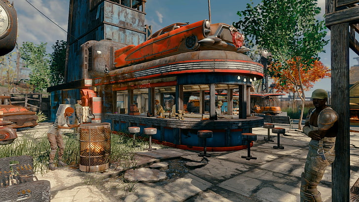 blue and red food stall, Fallout 4, Xbox One, architecture, built structure