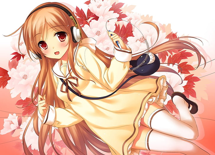 long brown-haired female anime character, anime girls, thigh-highs, HD wallpaper