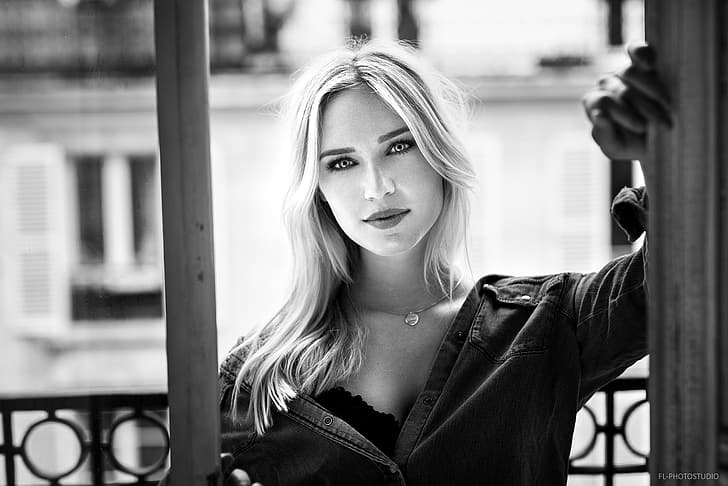 look, pose, model, portrait, makeup, hairstyle, blonde, black and white, HD wallpaper