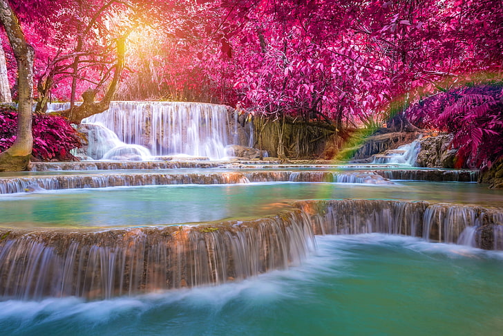 waterfall, trees, Laos, rainbows, long exposure, HD wallpaper