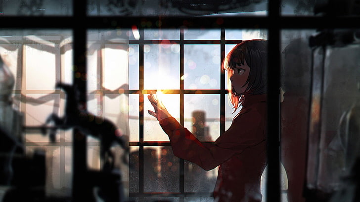 anime girls, one person, window, holding, adult, lifestyles