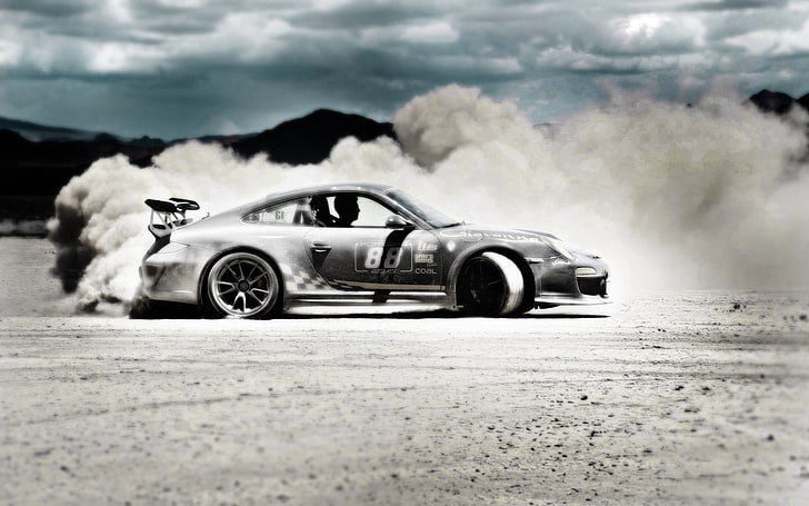 gray Rally car, Porsche, dust, desert, Porsche 911, drift, Porsche 911 GT3 RS